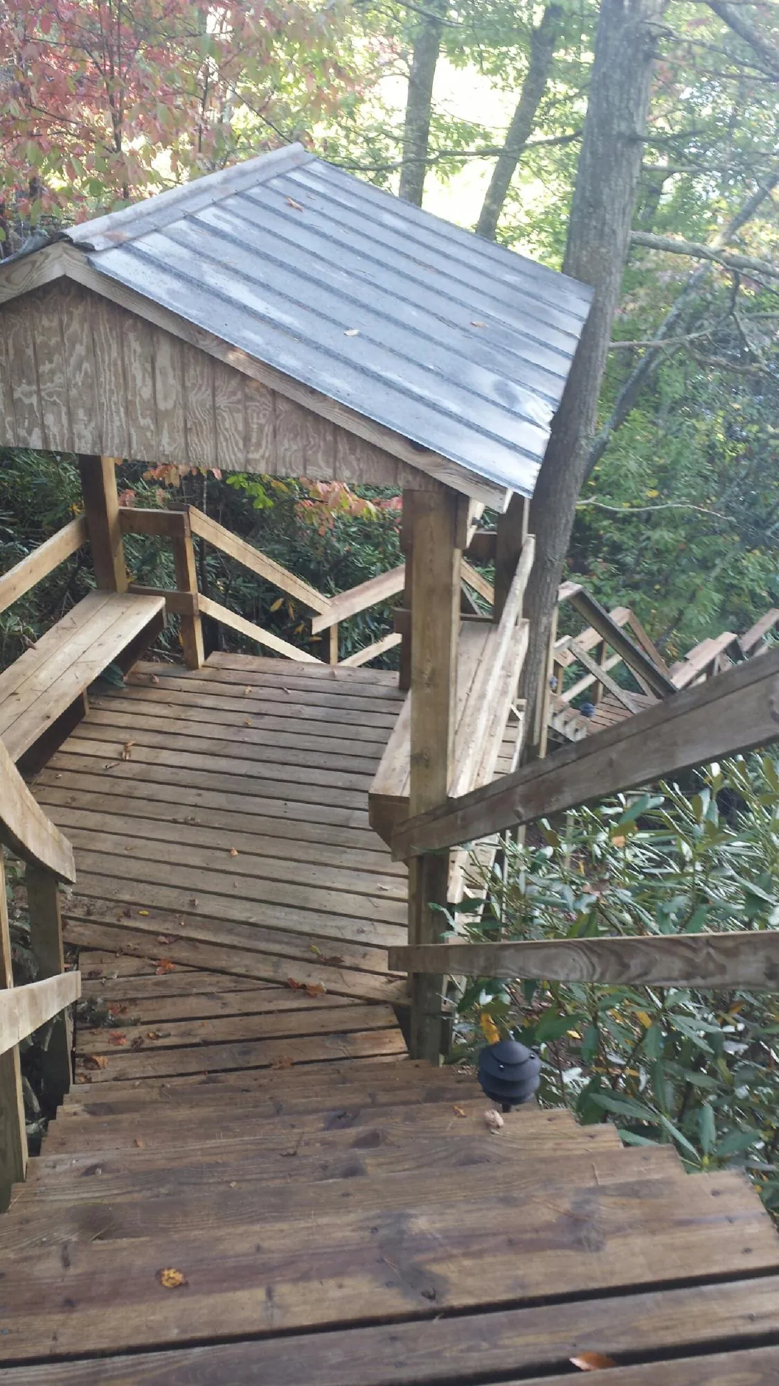 Metal roofed shelter over wooden steps on a wooded walkway — Skylight Repair & Installation work by our crew in Hiram